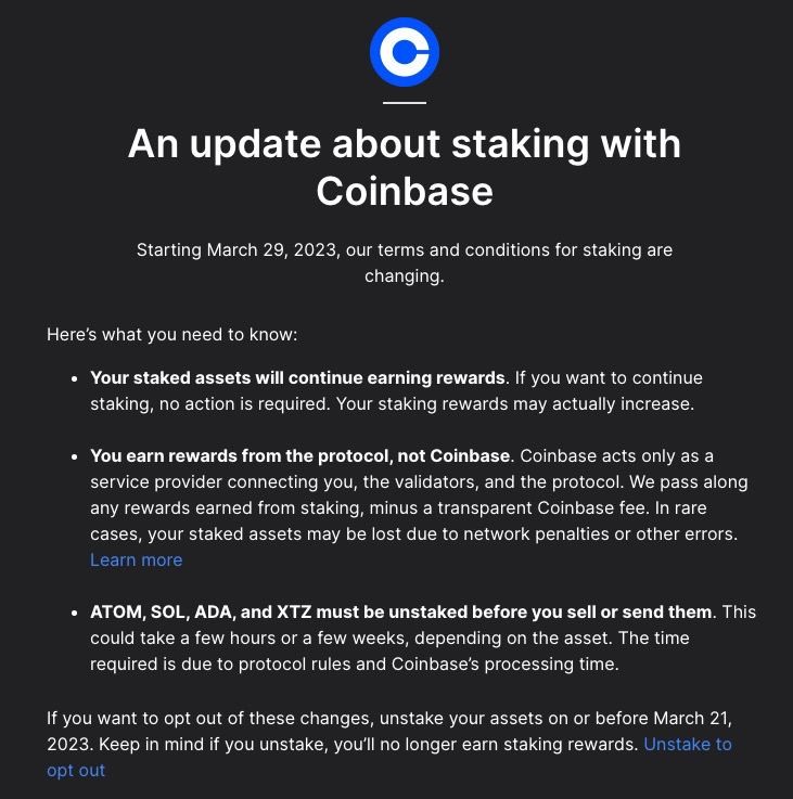 Coinbase cập nhật các điều khoản staking: Unstake SOL, ATOM, ADA và XTZ